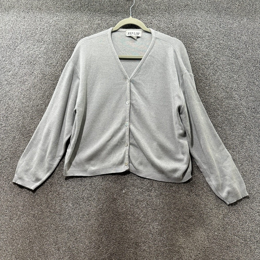 Avalin Gray Cotton V-Neck Button Front Cardigan Sweater Made in USA Large
